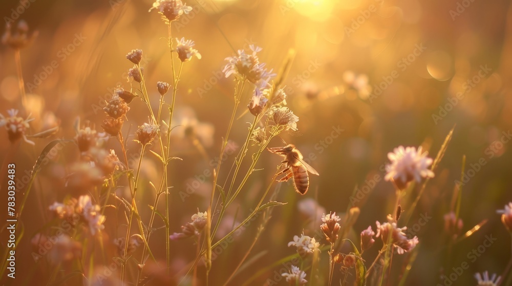 Amidst the swaying grasses, a honey bee hovers above a delicate flower, its iridescent wings shimmering in the warm sunlight.
