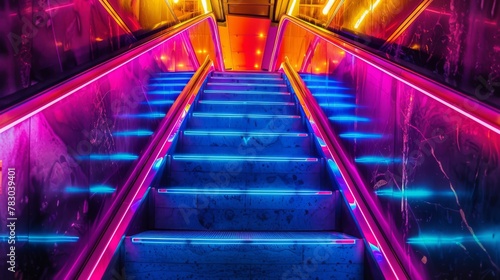 Abstract image of a staircase illuminated by neon lights, creating a futuristic vibe
