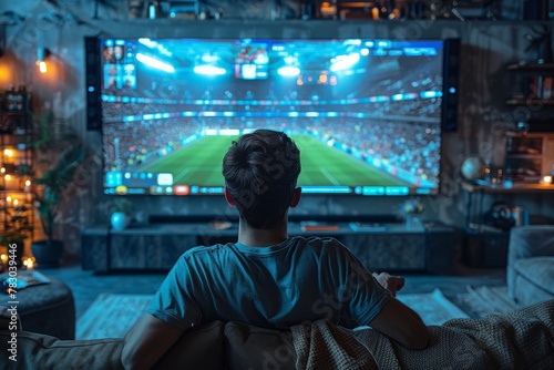 The back view of a young adult immersed in watching a live football game on a large home screen