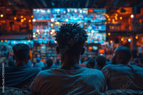 The image captures a crowd from behind focusing on a man with unique hairstyle, as they gazes at a large, bright screen in a dimly lit room