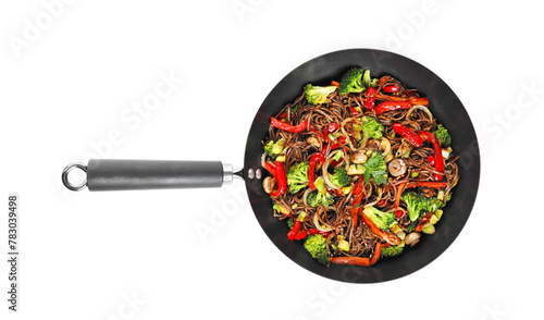 Stir-fry. Tasty noodles with meat and vegetables in wok isolated on white, top view