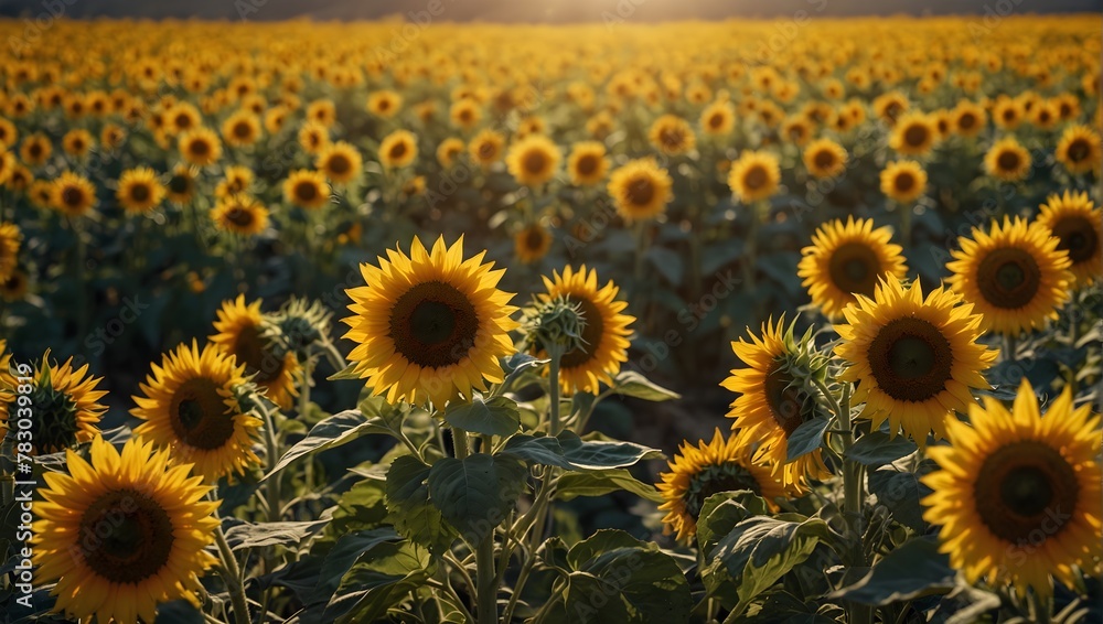Fototapeta premium Fields of bright yellow sunflowers turning their faces to follow the journey of the sun Generative AI