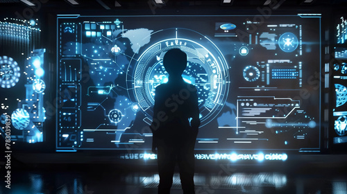 A person stands in front of a large screen with a blue background and a large circle in the center. The circle is surrounded by many smaller circles and it looks like the person is viewing the screen. photo