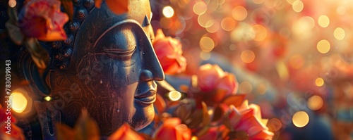 Buddhas serene gaze amidst Songkrans vibrant celebration of water flowers photo