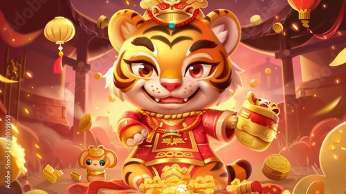 Spring Festival graphics pack for 2022 including a cute tiger in God of Wealth costume, gold ingots, and glowing filled lucky bag with Chinese blessing on it
