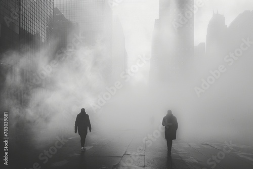 Blindfolded by ambition  Businessmen shrouded in fog navigate a bleak cityscape  representing the sacrifices and obscured vision in the quest for financial gain