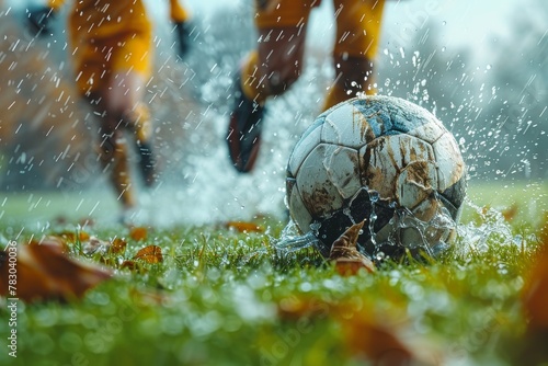 A dynamic close-up of a traditional black and white soccer ball on a grassy wet field, capturing the essence of outdoor sports in rainy weather