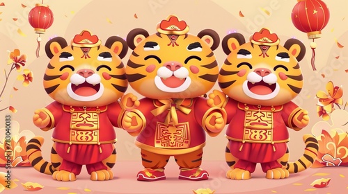 A Spring Festival pack including smiling God of Wealth  three cute tigers dressed in Chinese costumes  and fortune symbols for the year 2022.