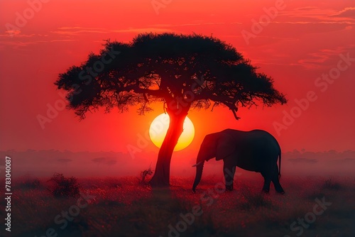 Savanna Serenity: Elephant & Acacia at Dusk. Concept Safari Adventure, Nature's Beauty, Wildlife Photography, Golden Hour Magic, African Wilderness