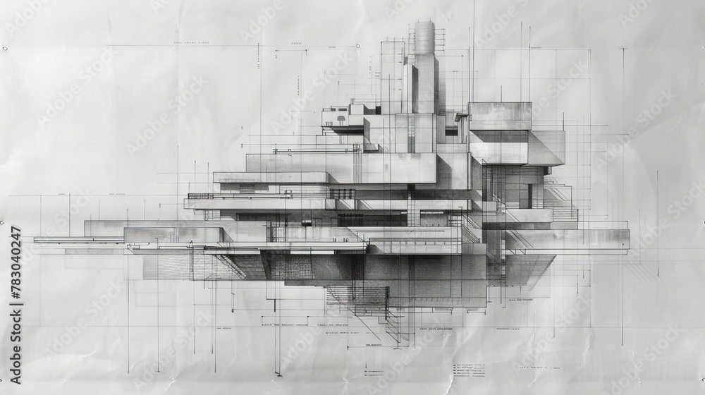 Fototapeta premium Architectural blueprint showcasing the innovative engineering and structural design of a neo brutalist landmark
