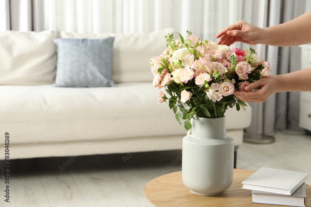 Woman with beautiful bouquet of fresh flowers at home, closeup. Space for text Woman with beautiful bouquet of fresh flowers at home, closeup. Space for text