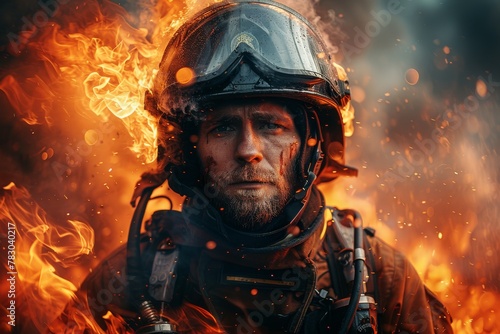 Intense portrait of a firefighter surrounded by flames, looking determined