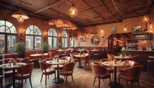 An inviting cafe boasts warm lighting and vintage decor, with red chairs and wooden tables creating a relaxed, retro ambience for dining.. AI Generation