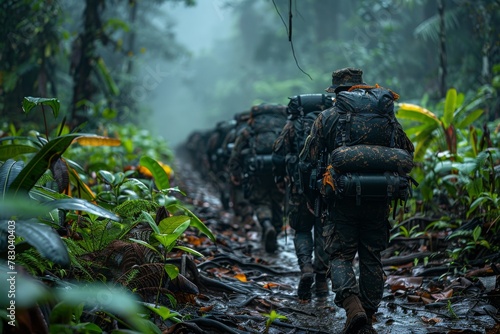 Fototapeta Naklejka Na Ścianę i Meble -  A squad of camouflaged soldiers trekking through a dense, mist-covered tropical jungle environment