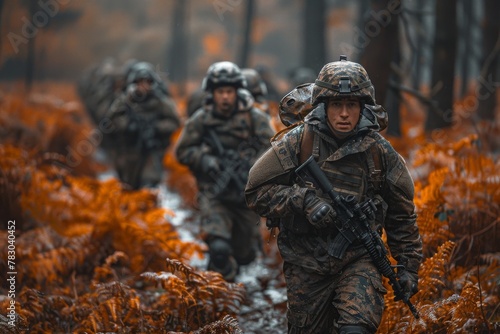 Soldiers in camouflage marching through an autumn forest on a mission