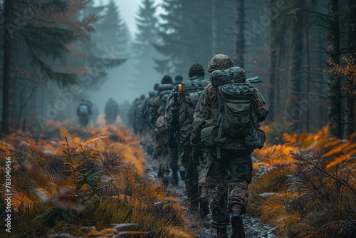 Soldiers in full gear march in line through an autumn forest, with frosty foliage and a mysterious atmosphere