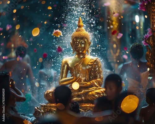 Golden Buddha statue surrounded by devotees with scented water