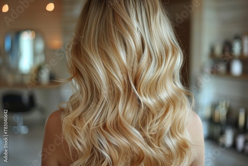 An image showing the delicate flow of naturally highlighted blond wavy hair with a soft-focus salon environment photo