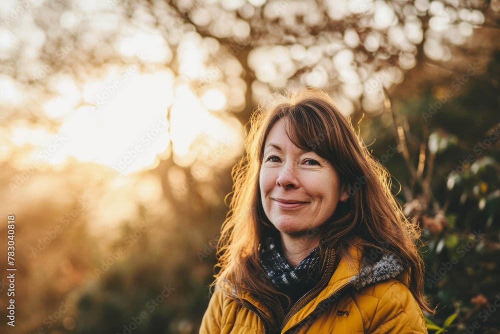 Portrait of a smiling woman in a yellow jacket in the autumn forest. Portrait of a smiling woman in a yellow jacket in the autumn forest.