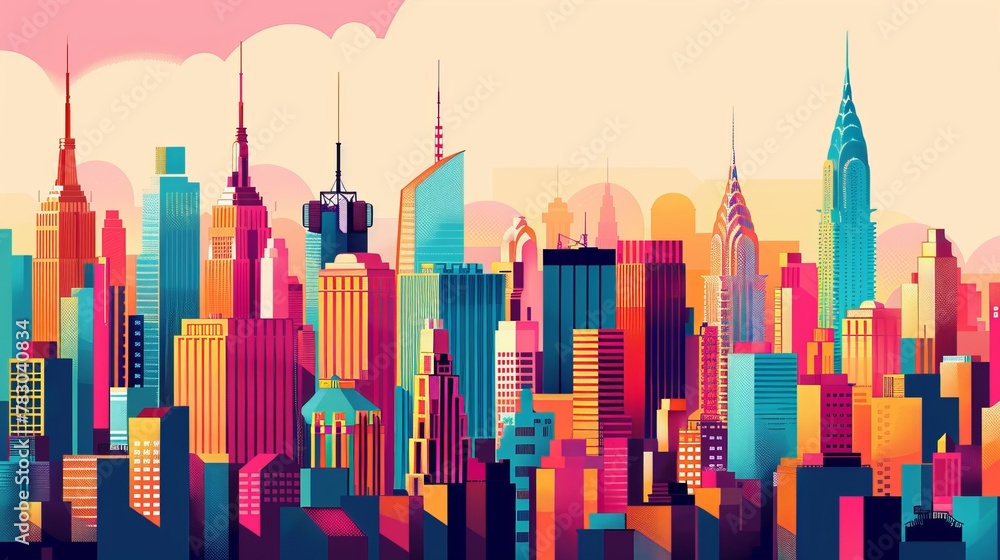 Bold and colorful illustration of a vibrant city skyline