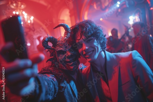 A person takes a selfie while wearing a devil mask, surrounded by an energetic red-hued party atmosphere