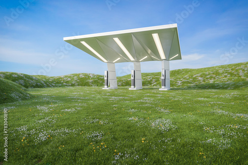 Electric vehicle fast charging station. 3d rendering of architecture with meadow and sky background.