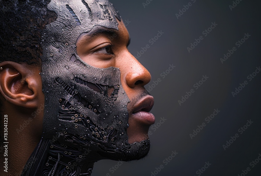 Close up portrait of man wearing futuristic robot face mask, technology and innovation concept