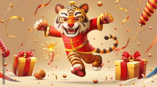 Embroidered tiger wearing Chinese costume running with both hands raised high, striped gift boxes, and firecracker decoration on khaki background.