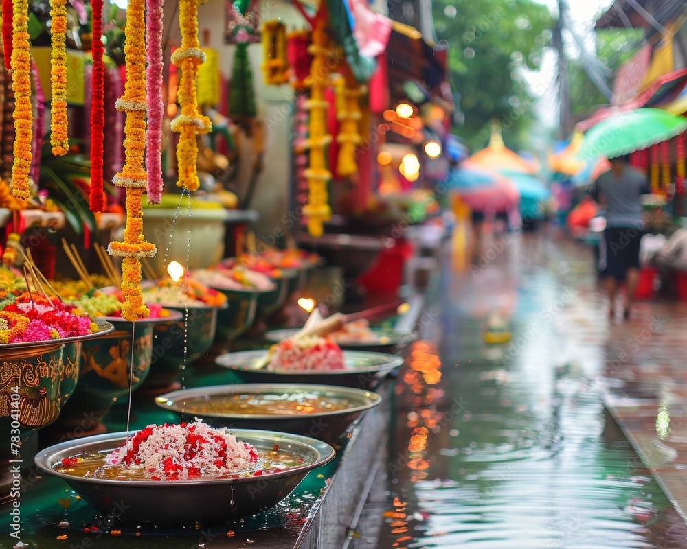 Songkran festivals vibrant life streets adorned with jasmine garlands and bowls of water