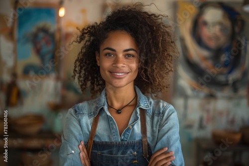 An artist poses confidently in her studio, with arms crossed and a warm smile, surrounded by her artworks