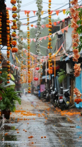 Songkrans communal spirit a street adorned with vibrant jasmine garlands © WARIT_S