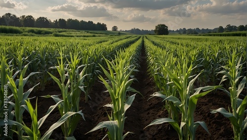 Rows of lush green cornstalks stretching towards the sky, their tassels dancing in the breeze Generative AI photo