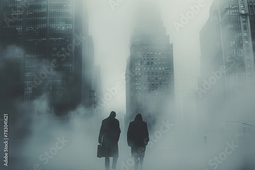Eerie fog engulfs businessmen in a monochrome cityscape, conveying the challenges and disorientation on the path to success.