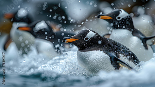 Penguins are swimming in the water.