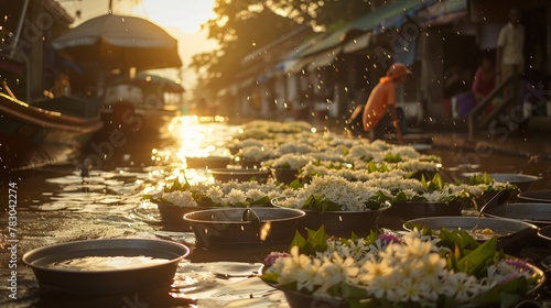 Sunrise illuminates Songkran preparations jasmine garlands beside water-filled bowls