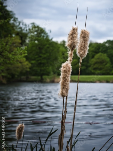 Dry plants on the shore of a lake outdoors in nature