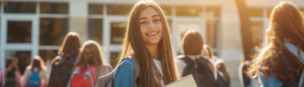 A beautiful girl smiles and holds a notebook in her hands, standing in front of the school building surrounded by other students A beautiful girl smiles and holds a notebook in her hands, standing in front of the school building surrounded by other students