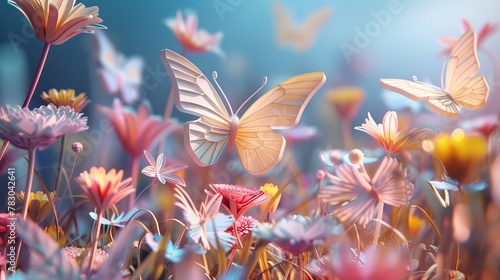 Delicate paper butterflies fluttering among flowers in a colorful garden