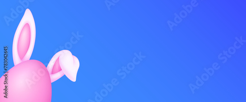 Happy Easter Holiday background with copy space. Pink easter egg with ears of rabbit on blue background. Vector illustration.