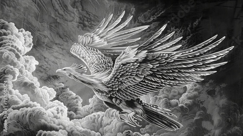 Detailed engraving of a mythical phoenix soaring through the clouds