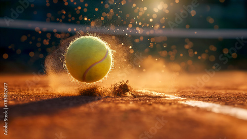 Tennis ball hitting the line on a clay court photo