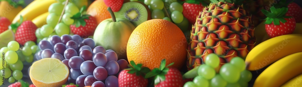 The background is filled with a variety of fruits such as grapes and oranges, pineapples, kiwis and apples, bananas and strawberries The background is filled with a variety of fruits such as grapes and oranges, pineapples, kiwis and apples, bananas and strawberries