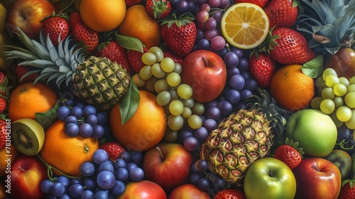 The background is filled with a variety of fruits such as grapes and oranges  pineapples  kiwis and apples  bananas and strawberries