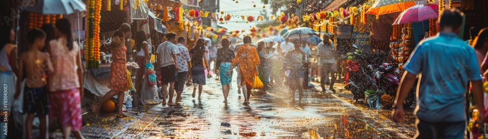 The essence of Songkran in the air streets adorned with jasmine garlands - obrazy, fototapety, plakaty 
