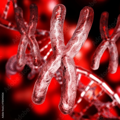 X chromosome against the background of DNA. Chromosomes and DNA.
3D rendering