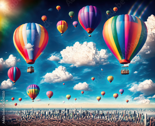 A group of colorful hot air balloons floating in the sky over a cityscape.
