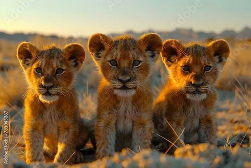 Triple Cub Curiosity at Sunset. Concept Nature Photography, Wildlife Portraits, Golden Hour Shoot, Animal Encounters, Sunset Silhouettes © Anastasiia