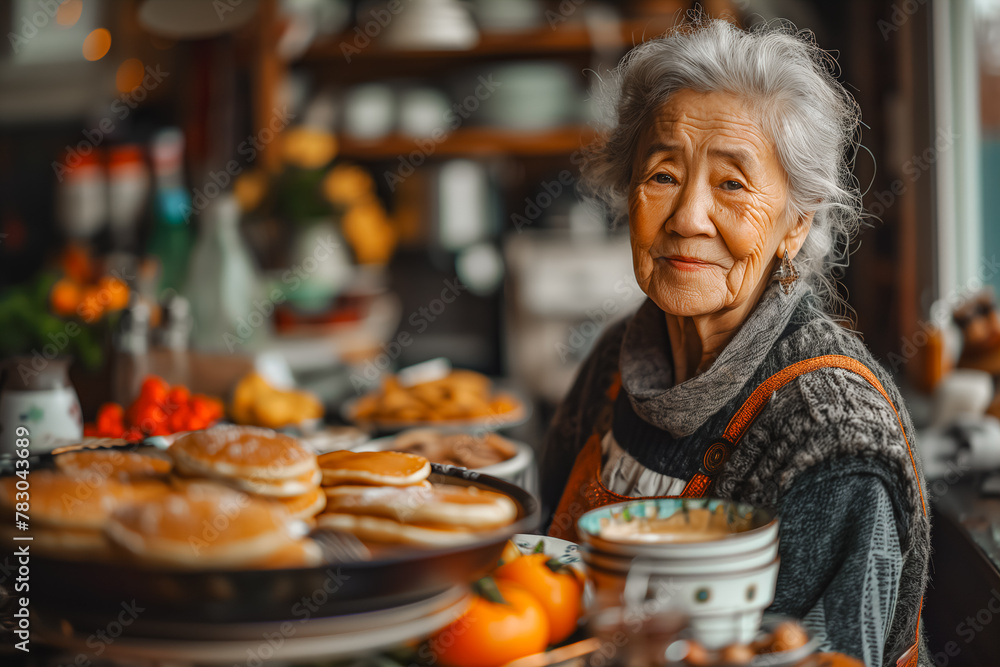 An elderly woman with gray hair is smiling gently in a cozy kitchen environment, surrounded by homemade desserts and fresh ingredients An elderly woman with gray hair is smiling gently in a cozy kitchen environment, surrounded by homemade desserts and fresh ingredients