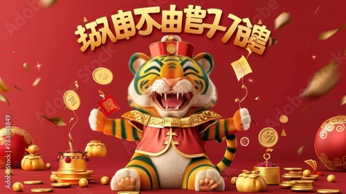 Tiger holding gold ingots and coins in high knee pose by red envelope. The greeting is written on top in Chinese.