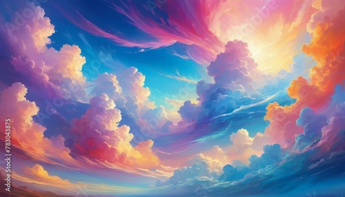 A breathtaking skyscape showcases a dance of colors as vibrant clouds swirl in the sky, embodying the dynamic beauty of the atmosphere in motion.. AI Generation © Anastasiia